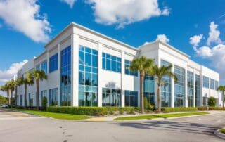 Professional commercial building in Florida after exterior repainting, clean modern office building, fresh paint finish, bright blue sky, palm trees, Florida coastal environment, high-quality commercial property maintenance, realistic photography, professional painting contractor project, ultra realistic, wide angle shot