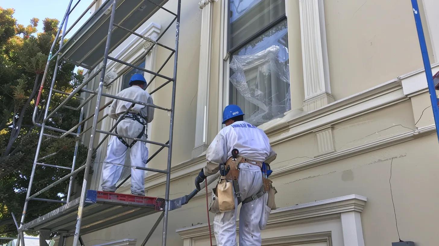 Professional commercial painting crew preparing exterior surfaces before repainting